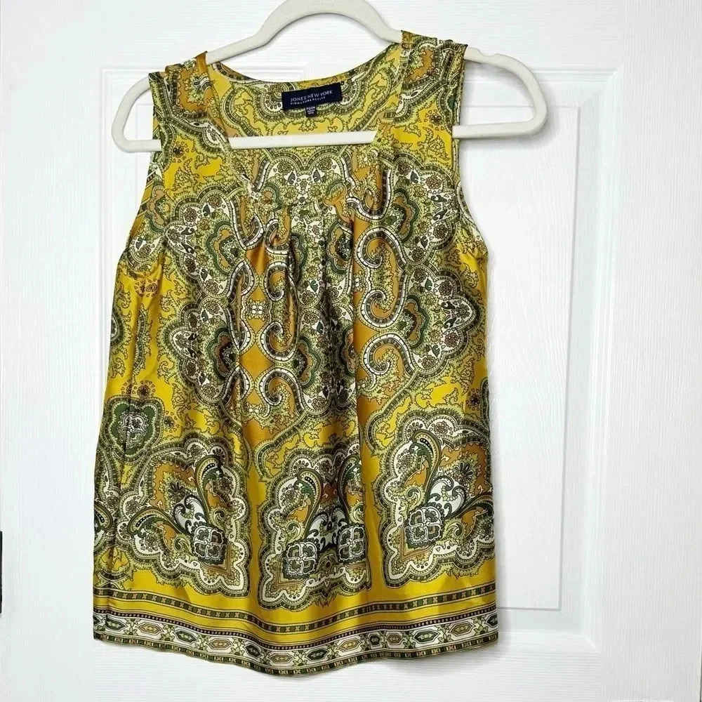 JONES NEW YORK Yellow Scarf Print Sleeveless Blouse‎ Size Petite Small